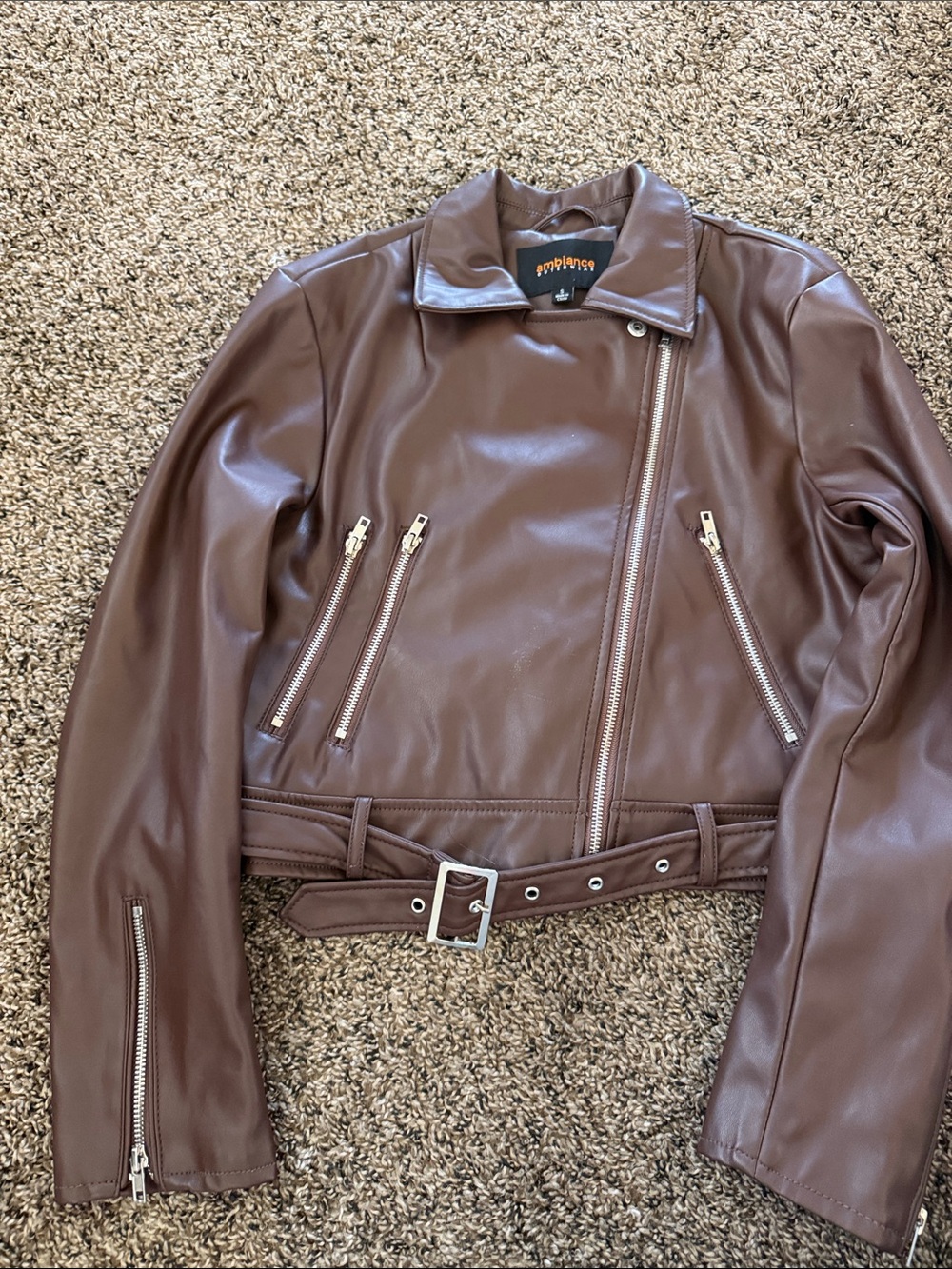 Ambiance Brown Faux Leather Moto Jacket with Belted Waist